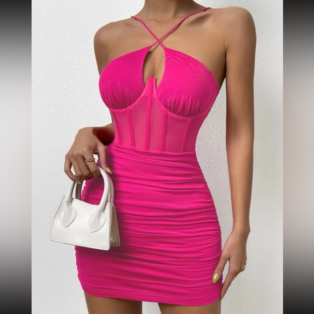 SHEIN Hot Pink Ruched Mini Bodycon Dress with Corset Detail